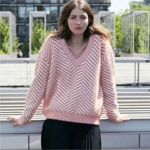 FRNCH Diagonal Stripe Chenille V-Neck Sweater Rose